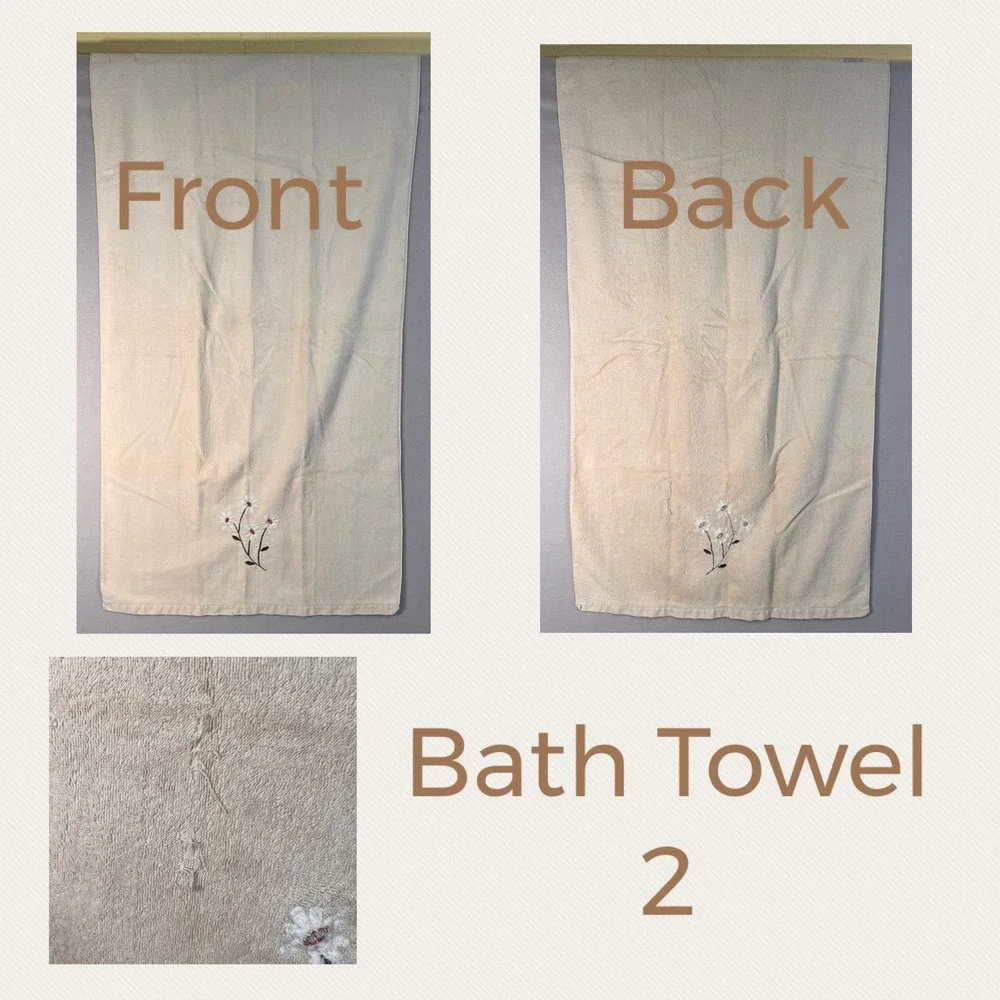 Vintage‎ Ames Cream Brown Embroidered Floral Daisy Bath Towel Set Farmhouse